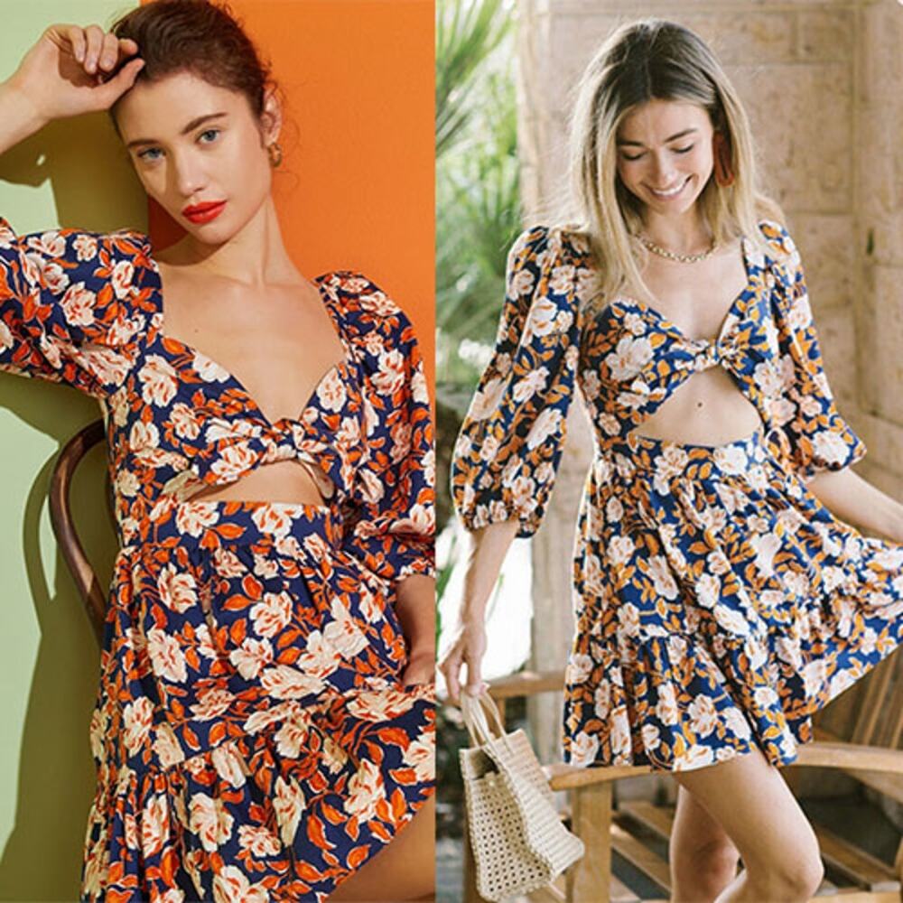 NWT Amur Medina Cutout Floral-Print Organic Stretch-Cotton Mini Dress Indigo